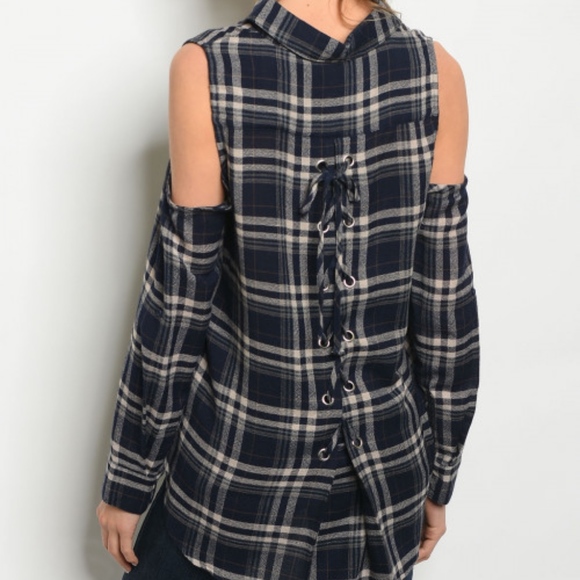 Last size S! Long sleeve cold shoulder plaid shirt - Picture 2 of 4